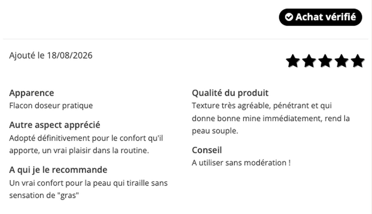 Avis cinq étoiles avec la mention Achat vérifié sur un soin ENO, août 2026 : texture agréable, bonne mine immédiate, peau souple