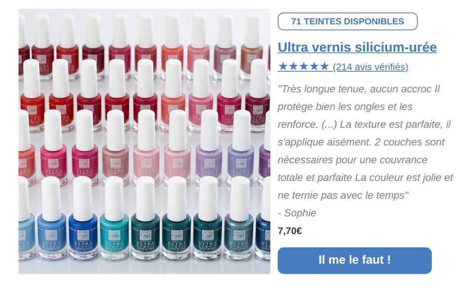 Bloc produit d'une newsletter Eye Care Cosmetics : l'Ultra vernis silicium-urée, 214 avis et l'avis de Sophie