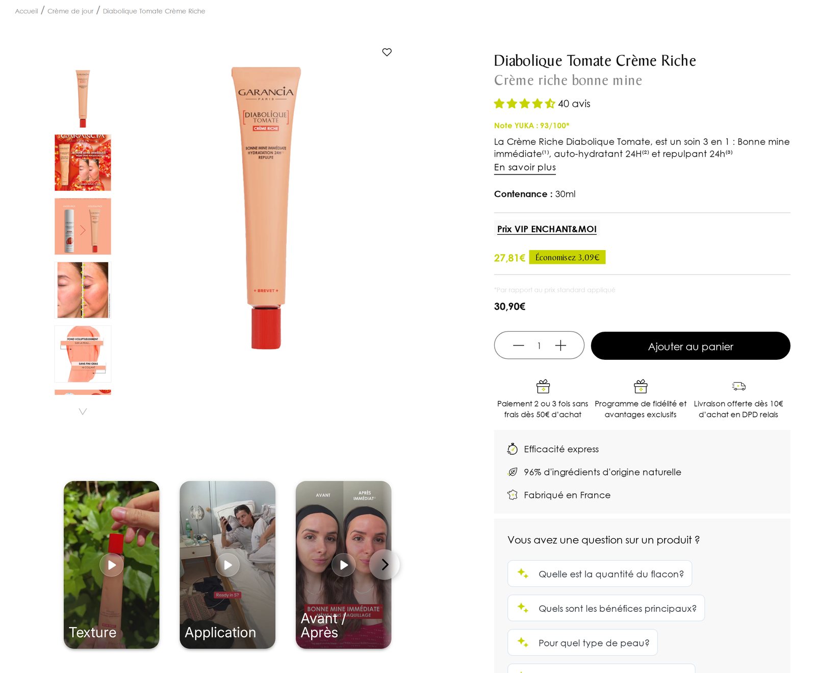 Fiche produit de la crème riche Diabolique Tomate sur garancia-beauty.com, avec un carrousel de stories vidéo Texture, Application et Avant / Après sous la galerie photo