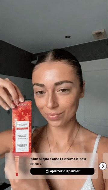 Story Témoignages ouverte : une créatrice présente la crème Diabolique Tomate, avec la fiche du produit et un bouton Ajouter au panier en bas de la vidéo