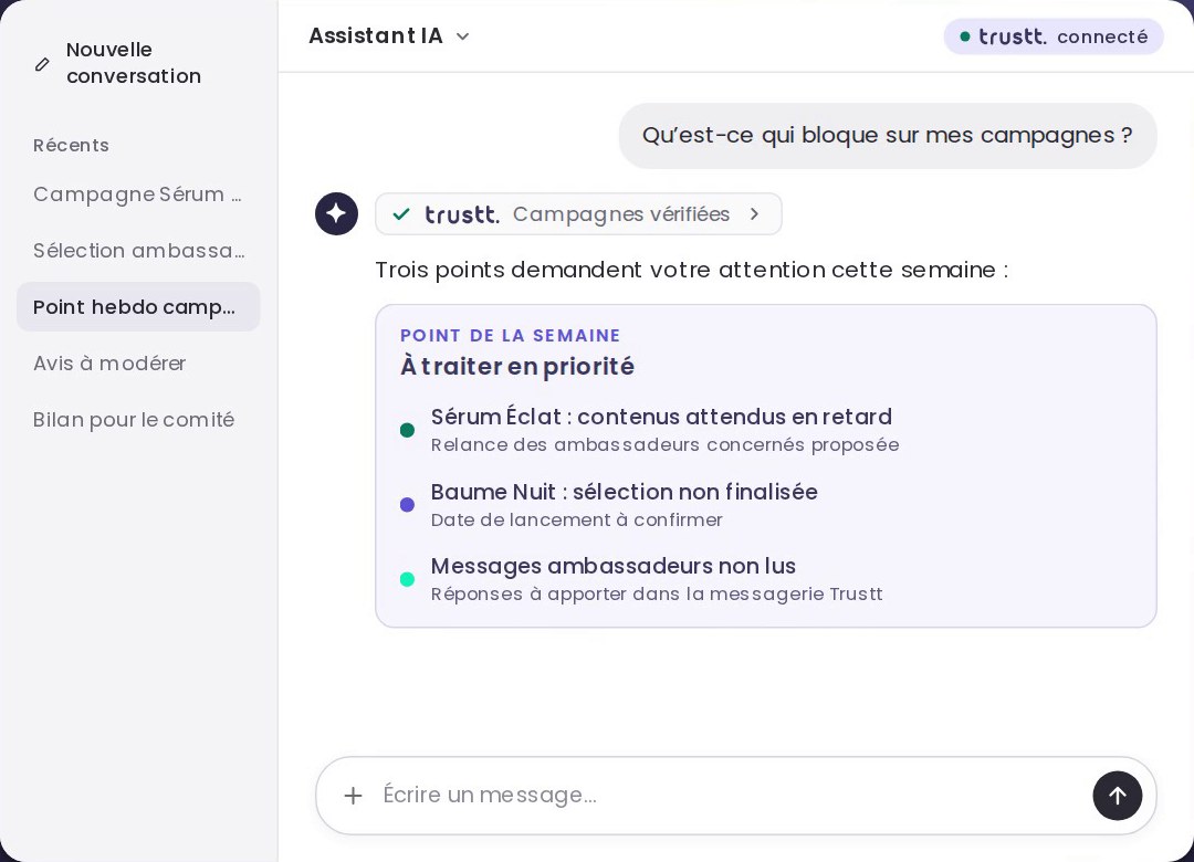 Exemple de conversation : l’assistant liste les priorités de la semaine