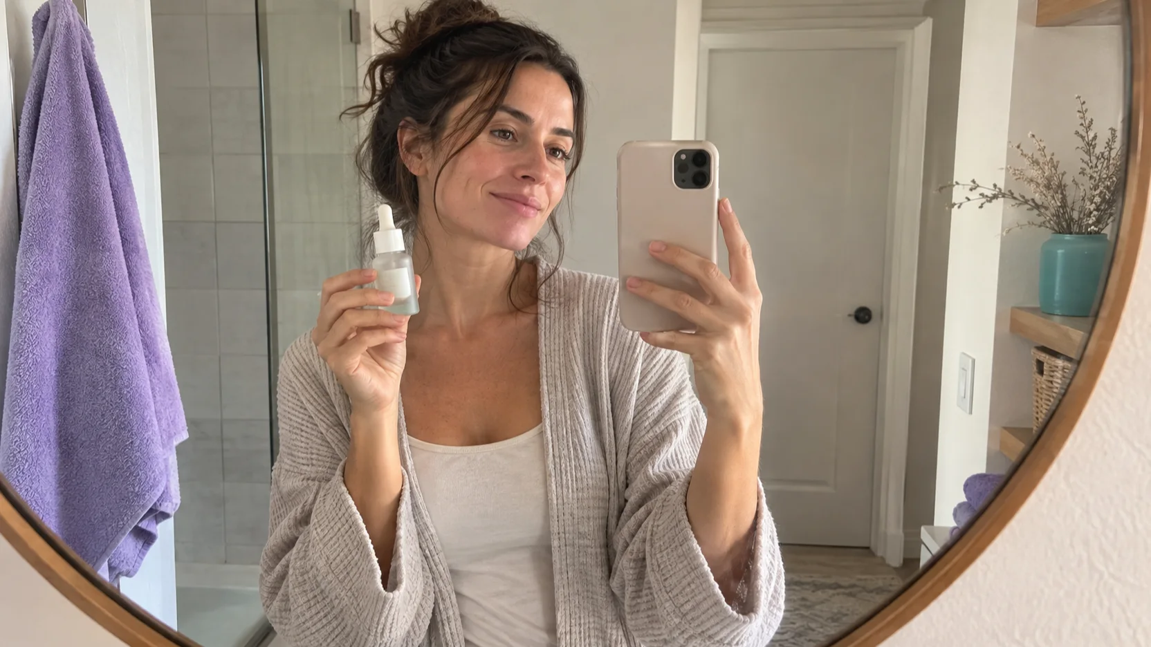 Une femme prend un selfie dans le miroir de sa salle de bains en tenant un flacon de sérum