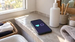 Smartphone posé sur une étagère de salle de bains à côté d'un flacon de soin, l'écran affiche un cœur et une bulle de commentaire