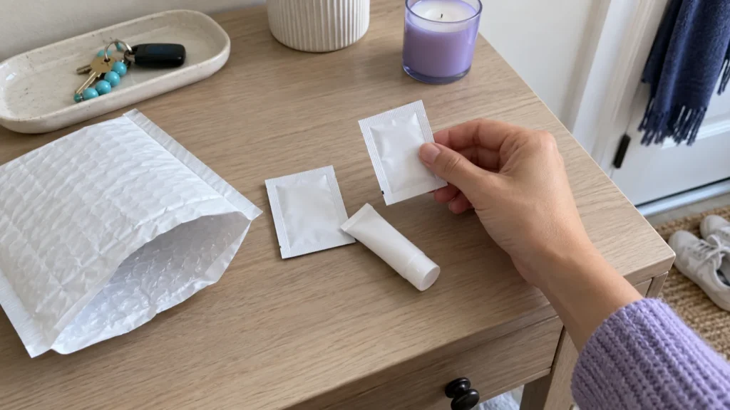 Enveloppe ouverte sur une console d'entrée avec deux échantillons et un mini tube de soin