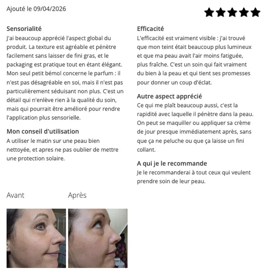 Avis publié sur une fiche produit ENO en avril 2026, avec note, avis structuré, un bémol sur le parfum et photos avant et après
