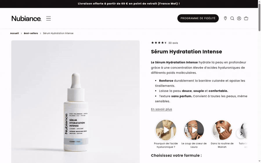 Stories d'ambassadeurs affichées sur une fiche produit Nubiance avec Snackeet