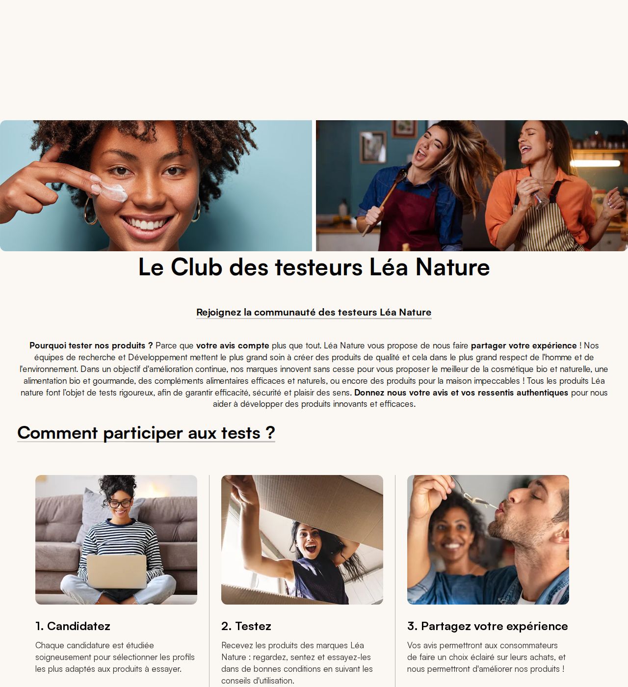 Page Le Club des testeurs Léa Nature : présentation du programme et trois étapes, candidater, tester, partager son expérience