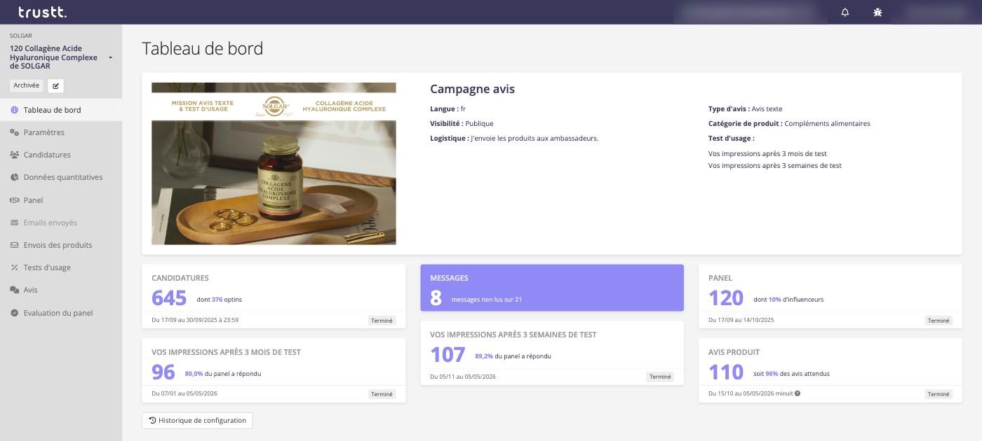 Tableau de bord de la campagne Collagène Acide Hyaluronique Complexe dans le logiciel Trustt : candidatures, panel, questionnaires et avis