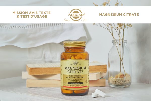 Visuel de la campagne ambassadeur Solgar Magnésium Citrate : mission avis texte et test d’usage