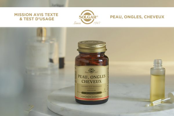 Visuel de la campagne ambassadeur Solgar Peau, Ongles, Cheveux : mission avis texte et test d’usage